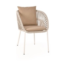 cremefarbener geflochtener brauner gepolsterter Metallstuhl für den Außenbereich  mtd8224
