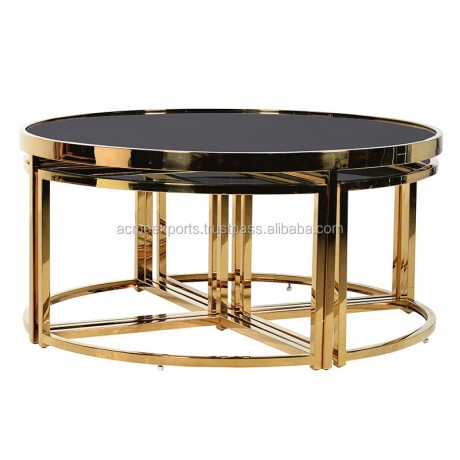 Brass Plated Stainless Round Leg X Patterned Black Color Outdoor Marble Table brs3711