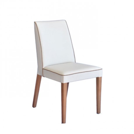 Beige Cord Piping White Leather Upholstered Wooden Armchair
