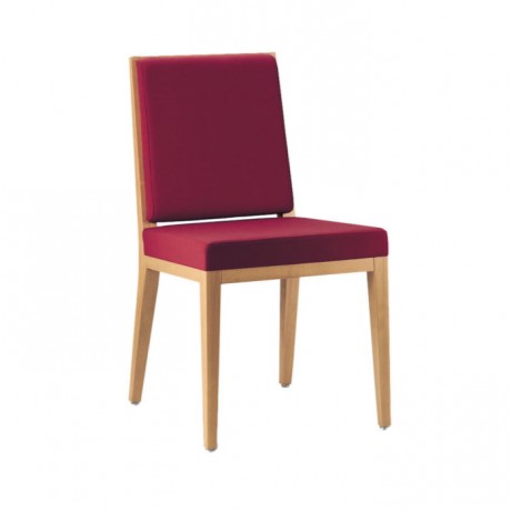 Restaurant chair made of natural wood in a modern style with burgundy fabric upholstery