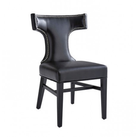 Siyah Deri Döşemeli Kabaralı Ahşap Modern Sandalye