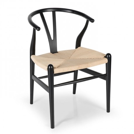 Hasır Örgü Oturum Yüzeyli Siyah Boyalı Ahşap Sandalye