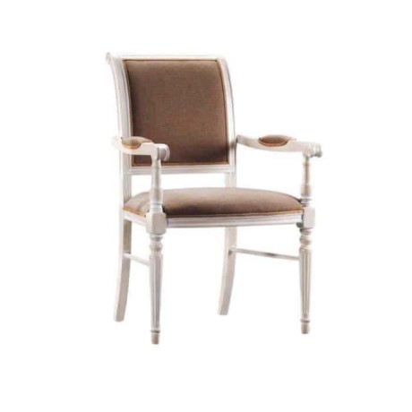 White Lacquered Brown Fabric Upholstered Turned Classic Chair