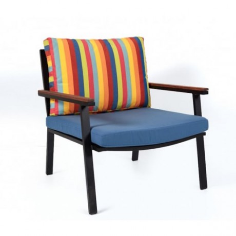 Colorful Padded Backrest Blue Cushioned Single Wooden Armrest Cafe Armchair