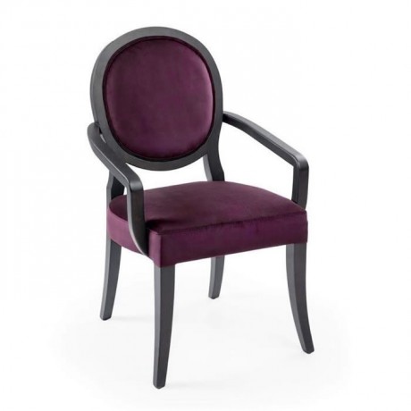 Black painted cafe chair with armrests and plum fabric upholstery