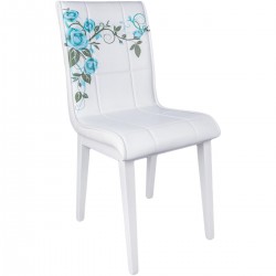Beyaz Ahşap Ayaklı Mavi Gül Desenli Mutfak Sandalyesi