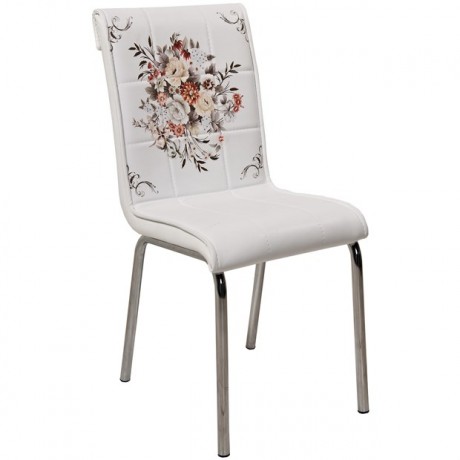 Rose Patterned White Upholstered Economic Chair with Metal Legs