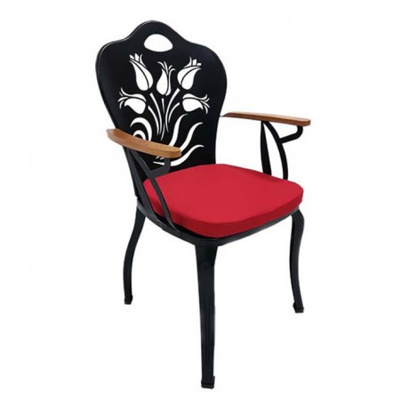 Flower Tulip Patterned Black Painted Wooden Arm Red Metal Molded Wooden Ferforje Chair