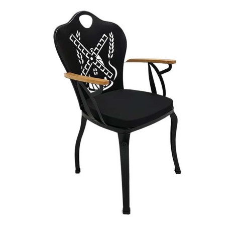 Mill Back Patterned Cnc Cutted Black Painted Arm Garden Chair