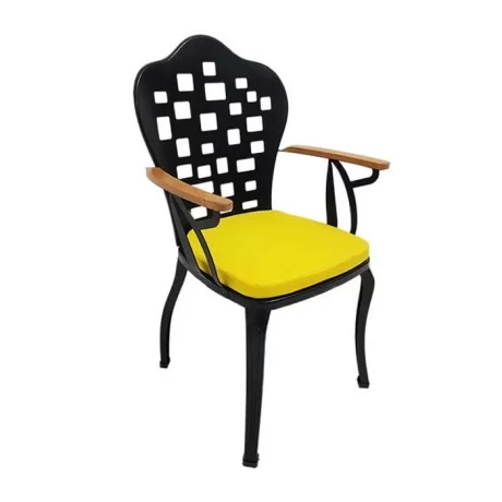 Chaise en fer forgé en métal de jardin d'hôtel de restaurant extérieur de bras en bois peint noir avec le modèle carré de nid d'abeille