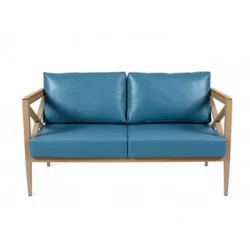 Blue Leather Covered Elite Sofa Wooden Armrest 1st Class
