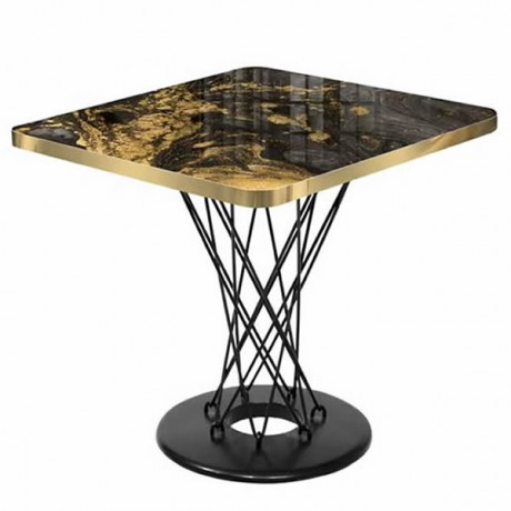 Damarlı Gold Mermer Görünümlü Dekoratif Uv Laklı Gold Bantlı Mdflam Tablalı Kare Cafe Masası Sağlam