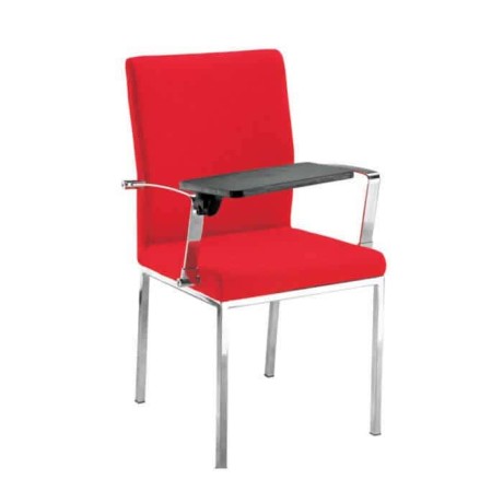 Red Leather Upholstered Chromium Legs Chair with Desk Arm