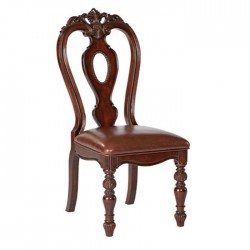  Torna Ayaklı Kahverengi Deri Döşemeli Oymalı Klasik Ahşap Sandalye