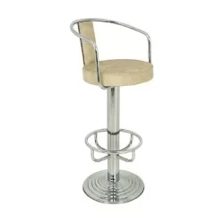 Chaise de bar chromée rembourrée en cuir beige