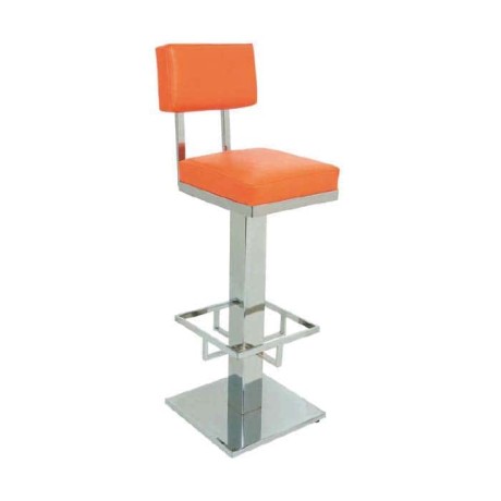 Orange Leather Upholstered Stainless Square Base High Bar Stool