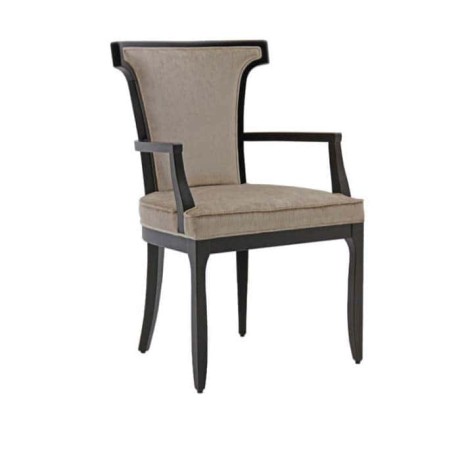 Black Painted Wooden Arm Chair with Gray Fabric