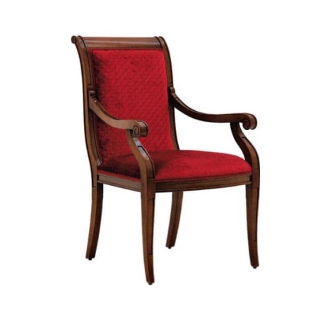 Red Patterned Fabric Upholstered Wooden Restaurant Arm Chair