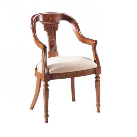 Carved Cream Fabric Upholstered Wooden Painted Classic Armchair