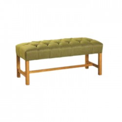 Green Quilted Fabric Upholstered Ottoman with Wooden Legs