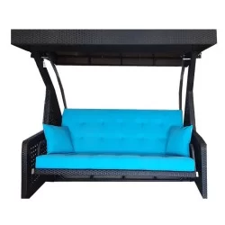 Balançoire de jardin triple avec tissu bleu et tricot en rotin noir