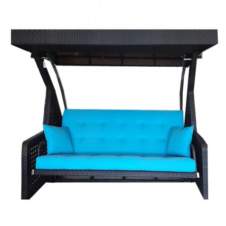 Black Rattan Knitted Blue Fabric Triple Garden Swing