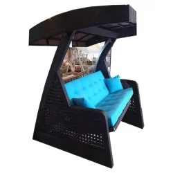 Balançoire de jardin triple avec tissu bleu et tricot en rotin noir