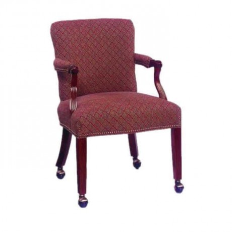 Claret Red Fabric Chair with Wheeled Wooden Arm