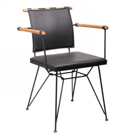 Metal Chair with Artificial Leather Upholstered Wooden Armrest